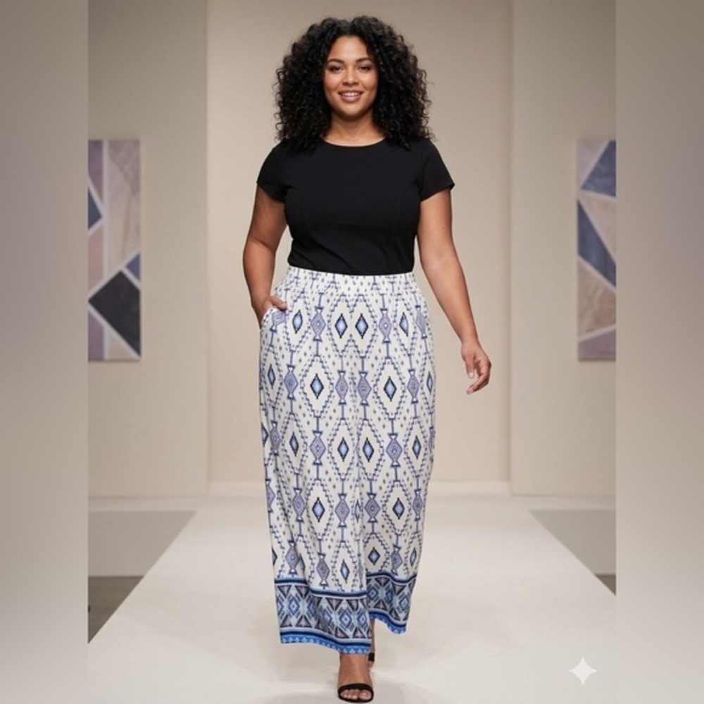BloomChic White and Blue Printed‎ Maxi pants